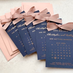 Navy Foil Save the Date Calendar, Save the date Tag, Wedding save the date, Wedding invitation, Ribbon, Silver, Gold, Rose Gold