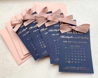 Navy Foil Save the Date Calendar, Save the date Tag, Wedding save the date, Wedding invitation, Ribbon, Silver, Gold, Rose Gold