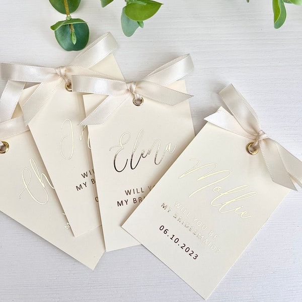 Bridesmaid Proposal Card Tag | Personalised Will you be my Bridesmaid | Elegant | Foiled | Bow Ribbon | Name Place Ribbon