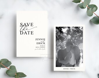 May include: Save the date card with black text on a white background. The text reads "Save the Date" in a script font. Below the text is the couple's names, "Jennie and Erick", the date "09.08.25", and the location "Kew, London". The card is next to a black and white photo of the couple embracing in a forest.