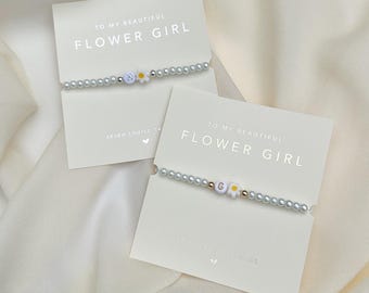 Handmade Flower Girl Initial Bracelet | Pearl Bridal Gift | Bridesmaid Box | Gold | Silver | Custom