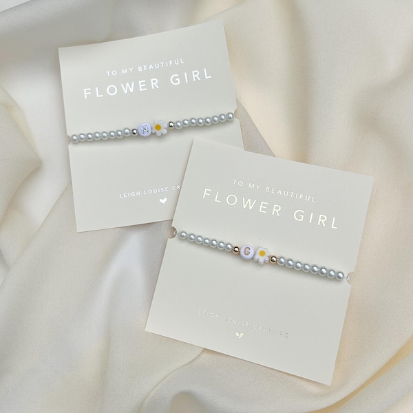 Handmade Flower Girl Initial Bracelet | Pearl Bridal Gift | Bridesmaid Box | Gold | Silver | Custom