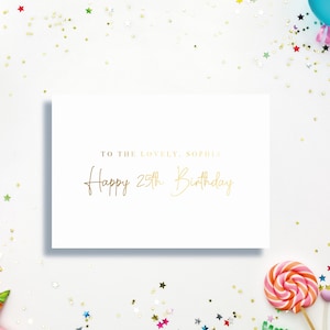 Biglietto di auguri di buon compleanno personalizzato, biglietto blu navy in oro, oro rosa, argento, lamina di rame, biglietto di auguri di compleanno personalizzato con nome