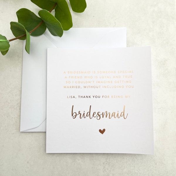Thank you bridesmaid card, personalised card, foil card, bridesmaid gift