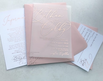 Foil vellum invitation suite, foil save the date tag, vellum invitation, foil wedding stationery, rose gold, gold, silver, copper