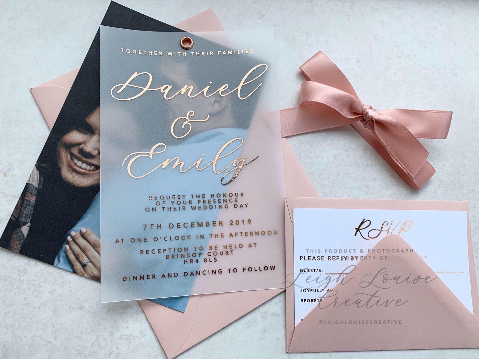 VELLUM FOIL photo wedding invitation suite, Elegant wedding invitation, Minimalistic wedding suite, Vellum wrap wedding suite, A6 size