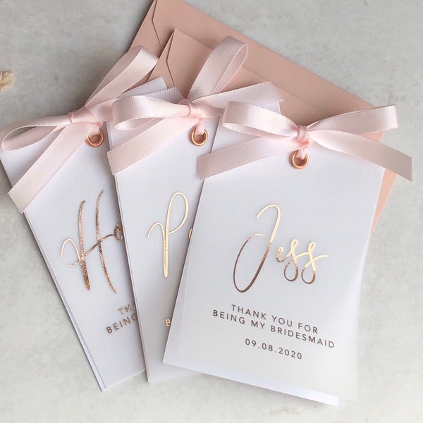 Vellum foiled thank you cards, mini bridesmaid cards, thank you for being my, 4x3 inch, rose gold, gold, silver, pink foil