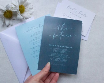 Custom Blue wedding invitation suite handmade, Elegant wedding invitation, Minimalistic wedding invitation. Personalised invitations