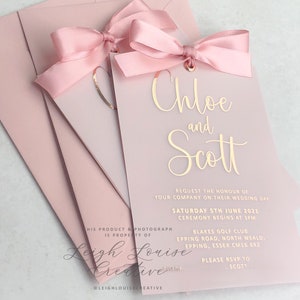 VELLUM & FOIL wedding invitation set. Classic invitation and rsvp card design, ribboned with a bow and matching cards