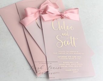 VELLUM & FOIL wedding invitation set. Classic invitation and rsvp card design, ribboned with a bow and matching cards