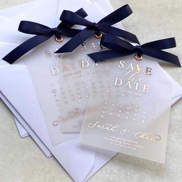 Foil Save the date calendar, tag, pencil us in Wedding invitations, Vellum invitations