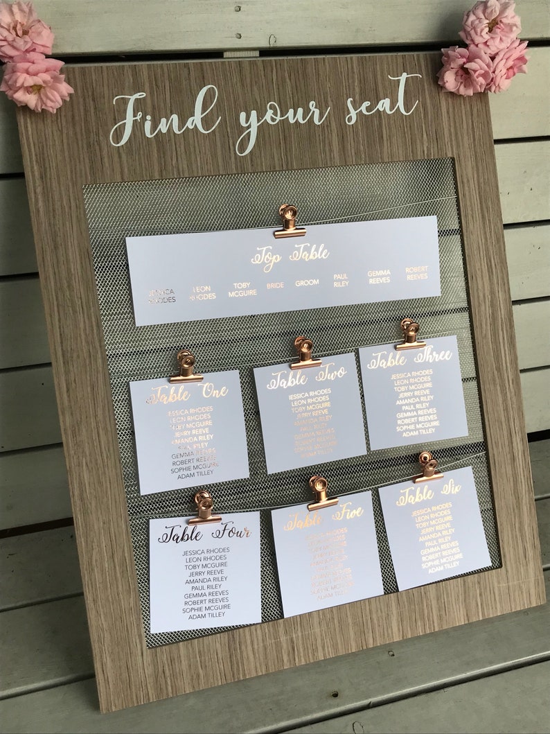 Foil Wedding table plan in Gold, Silver, Rose gold or Light pink foil