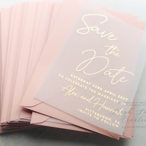 Foil vellum save the date, foil save the date tag, vellum invitation, foil wedding stationery, rose gold, gold, silver, copper