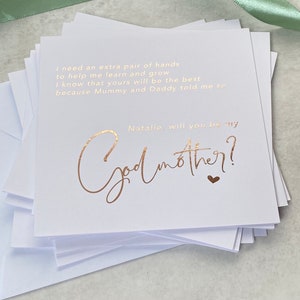 Personalised will you be my godmother poem , godfather, godparent card in rose gold, silver, gold or light pink foil