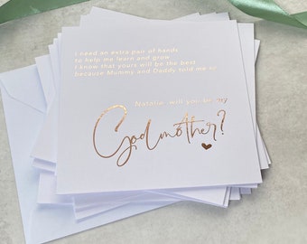 Personalised will you be my godmother poem , godfather, godparent card in rose gold, silver, gold or light pink foil