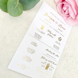 Programa de boda en papel de aluminio, programa de boda, papelería en papel de aluminio, oro rosa, oro, plata, cobre