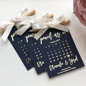 Navy Save the Date Kalender Anhänger, Folie Hochzeitseinladung, Roségold, Silber, Gold, Kupfer