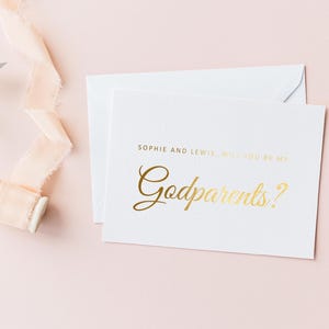 Tarjeta ¿Quieres ser mi madrina? / Tarjeta personalizada para padrinos / Tarjeta para el día del bautizo / Tarjeta metalizada / Dorada / Padrino / Papelería