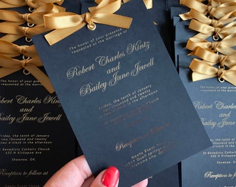 Black Foil Wedding Invitation, Elegant Invitation, Ribbon Invitation, Vellum Invitations, Rose Gold, Gold, Silver