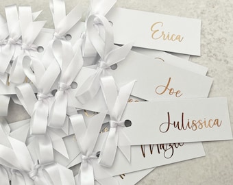 Personalized Gold Foiled Wedding Place Cards with Ribbon