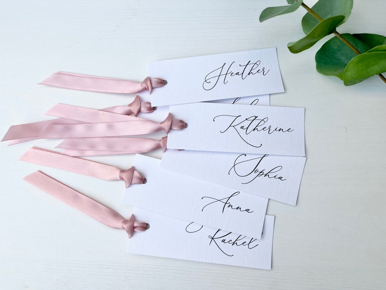Wedding place card, name card, personalised, ribboned place card image 1