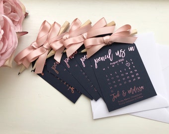 Navy foil pencil us in, calender tag, ribbon save the date, rose gold, silver, gold,
