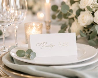 Personalised Gold Foil Wedding Place Cards | Tented Wedding Name Cards | Elegant Reception Seating Cards
