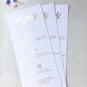 Personalised rose gold menu, invividual wedding guest menu in foil