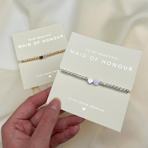 Caixa de proposta de madrinha de casamento com miçangas, pulseira de contas douradas e prateadas, cartão com verso laminado para presente de festa nupcial