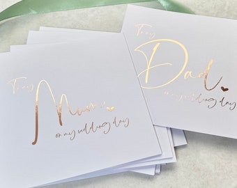 An meine Mutter auf meiner Hochzeitskarte, an meinen Dad Folienkarten, Hochzeitskarten, Vorschlagskarten, rose gold, gold, silber