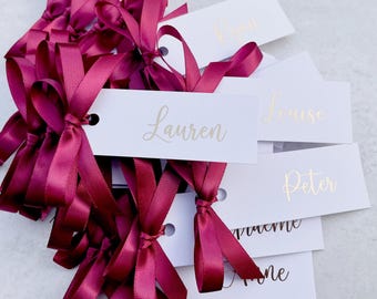 Foiled Wedding Place Card: Personalized Favor Tag with Ribbon