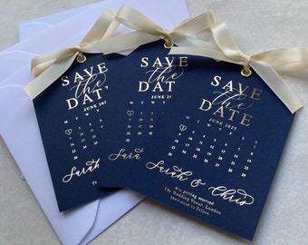 Foil Save the date calendar, tag, pencil us in Wedding invitations, Vellum invitations