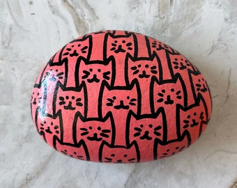 Cat Pebble, Hand Painted, Pink Art, Cat Lovers, Tessellation Pattern, Tessellated Decor, Gift Ideas, Cats, Painting, Rock Art, Pebbles, Arts