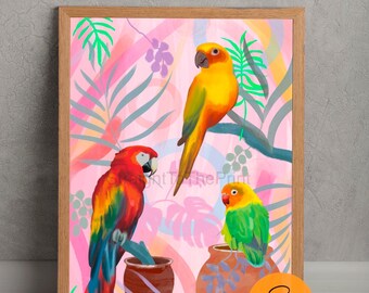 Tres Parrots Print, Macaw Art, Botanical Artwork, Bird Lover, Jungle, Exotic Bird, Bright, Colourful Painting