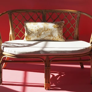 May include: A light brown rattan sofa with a white cushion and a gold patterned pillow. The sofa is sitting on a pink surface.