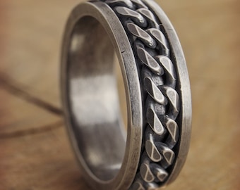 Silver Spinner Ring, Oxidized Anti-Stress Band with Loose Curb Chain, 925 Solid Sterling Silver, Ring for Men or Women