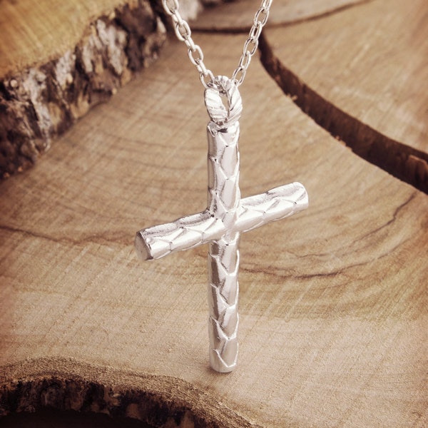 Unique Silver Cross, 925 Solid Sterling Silver Necklace, Textured Surface Pendant, Unisex Gift, Silver Chain or Black Cord