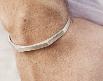 Sterling Silver Polygonal Cuff Bracelet, Open Oval Bangle, Wire Brushed, 925 Solid Sterling Silver, Gift for Him and Her, Layering Jewelry