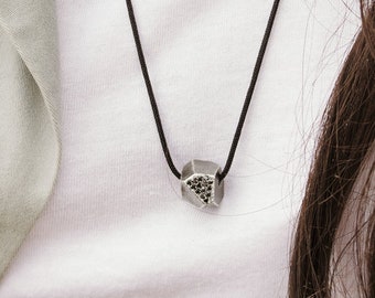 Black Diamond Polygonal Necklace, Sterling Silver Pendant, Silver Chain or Black Cord