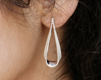 Long Drop Shaped Earrings, 925 Sterling Silver, Textured Ribbed Earrings, Unique Gift for Her