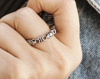 Oxidized Silver Chain Ring, 925 Sterling Silver, Unique Decorative Chain, Flexible Ring Design