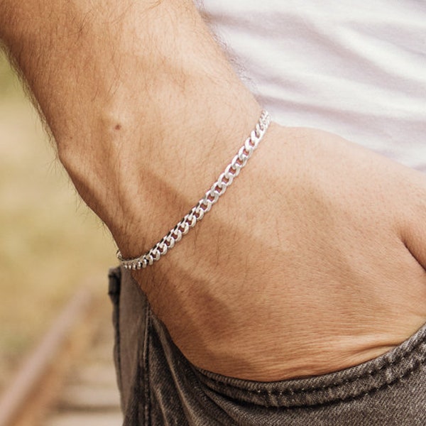 Solid Silver Curb Chain, Simple Chain Bracelet, Thin Curb Chain, 925 Sterling Silver Bracelet, Men Silver Bracelet, Layered Silver Bracelet