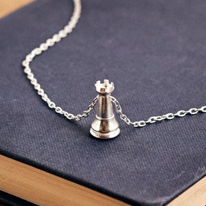 White Silver Rook Charm Necklace, Sterling Silver Pendant, Handcrafted Chessboard Jewelry
