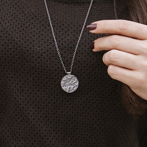 Small Oxidized Circle, Rustic Silver Pendant, 925 Sterling Silver Necklace, Mini Round Charm, Chain or Black Cord