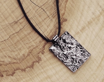 Oxidized Solid Silver Geometric Necklace, Small Rectangular Pendant, Silver Chain or Black Cord