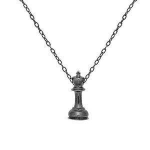 May include: A black chain necklace with a black chess piece pendant in the shape of a queen.