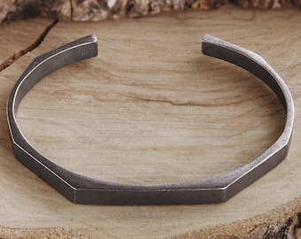 Black Silver Polygonal Bracelet, Oxidized 3D Cuff Bracelet, 925 Solid Sterling Silver, Layering Oval Open Bangle, Unisex Gift for Him or Her