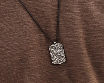 ID Tag Style Pendant, Unisex Rectangle Necklace, Silver Chain or Black Cord, Geometric Gift for Him and Her