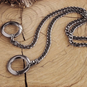 Oxidized Silver Key Chain, Black Silver, Curb Chain for Wallet, 925 Solid Sterling Silver, Gift for Him and Her
