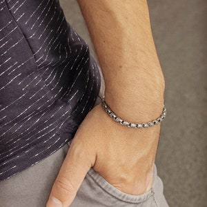 Bracelet unique à maillons perlés, argent oxydé 925, chaîne artisanale en argent massif, bracelet flexible à fermoir à crochet, cadeau pour lui, cadeau pour elle image 6